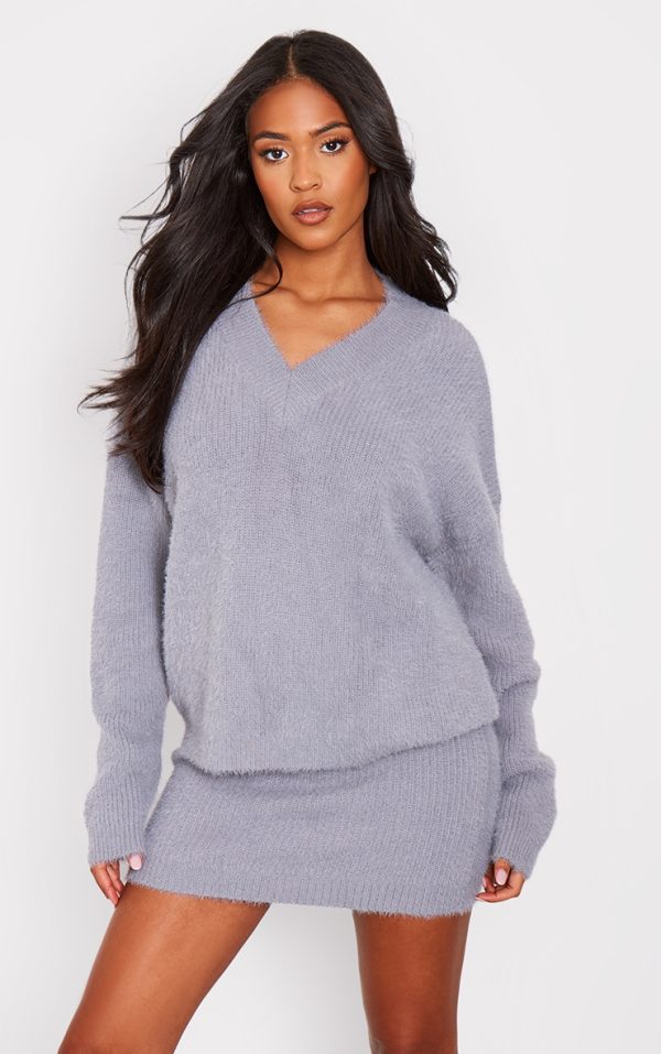Tall Grey Marl Fluffy Knitted V Neck Sweater