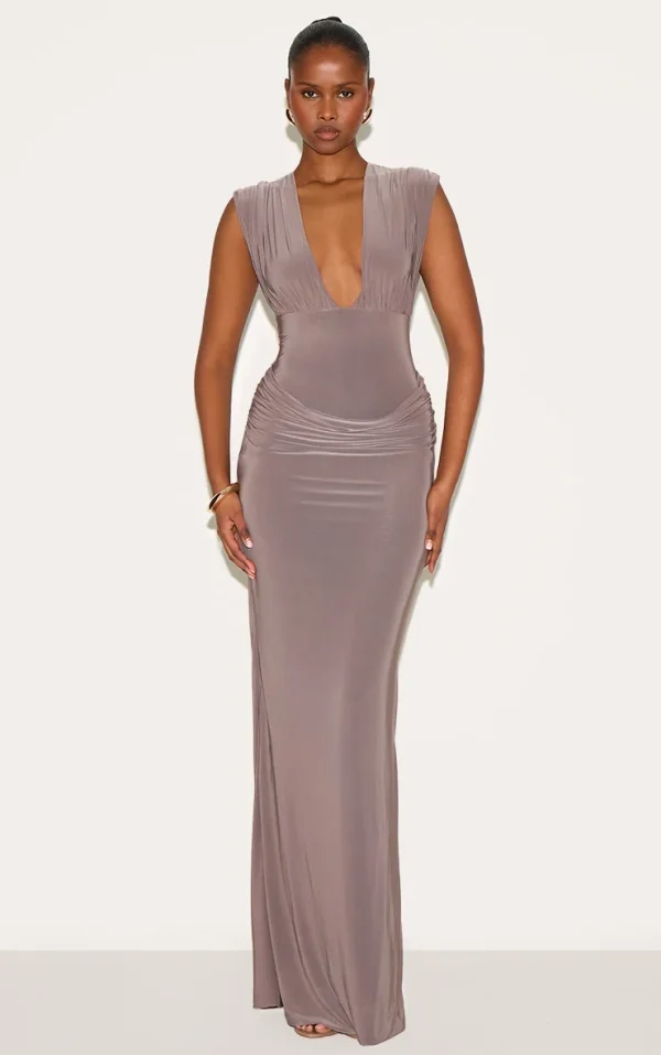 Taupe Double Layer Plunge Ruched Shoulder Drape Waist Maxi Dress