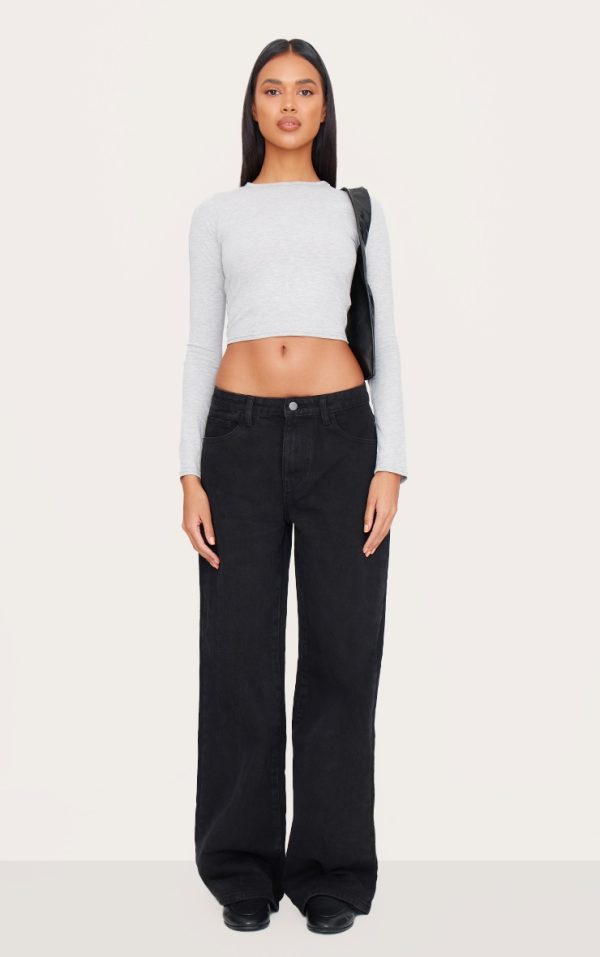 Washed Black Low Rise Wide Leg Jean