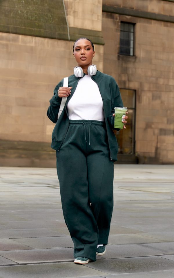 Plus Forest Green Mid Rise Seam Detail Straight Leg Sweatpants