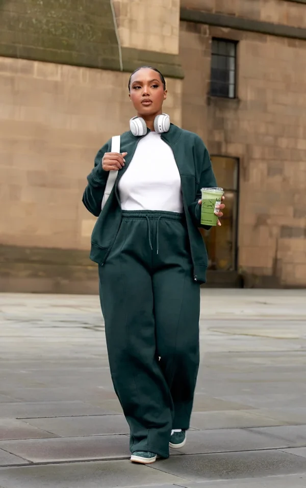 Plus Forest Green Mid Rise Seam Detail Straight Leg Sweatpants
