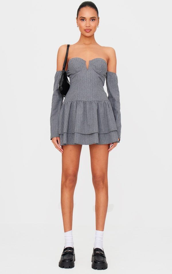 Light Grey Pinstripe Cup Detail Bardot Shift Dress