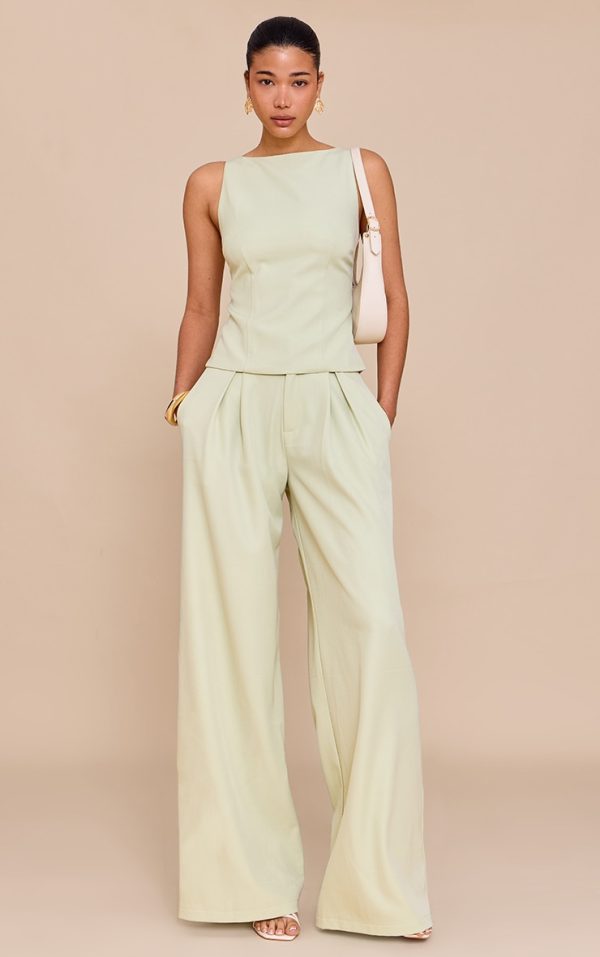 Pale Lime Woven Tailored Wide Leg Pants