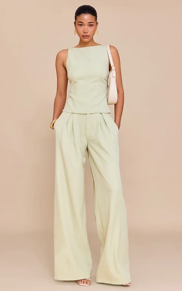 Pale Lime Woven Tailored Wide Leg Pants