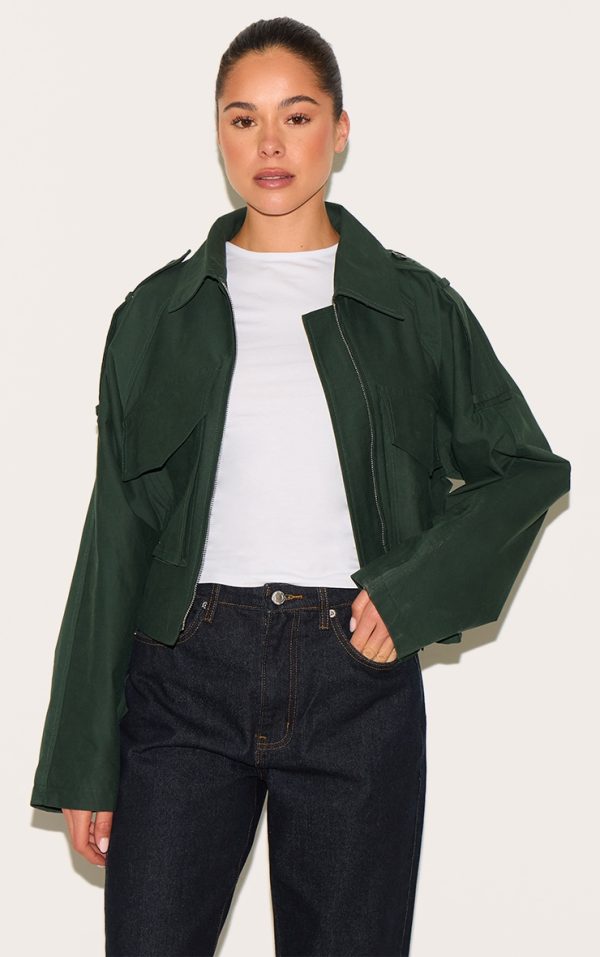 Dark Khaki Trench Detail Cropped Zip Up Jacket