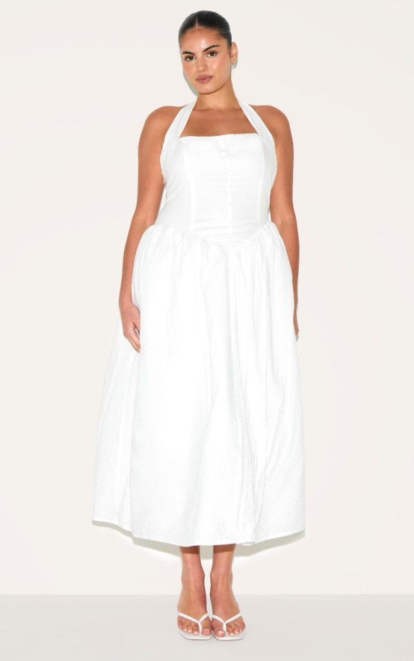 Plus White Embroidered Cotton Halterneck Midaxi Dress