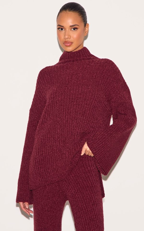 Burgundy Rib Boucle Knit Oversized Sweater