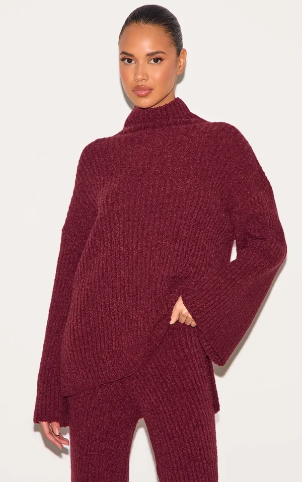 Burgundy Rib Boucle Knit Oversized Sweater