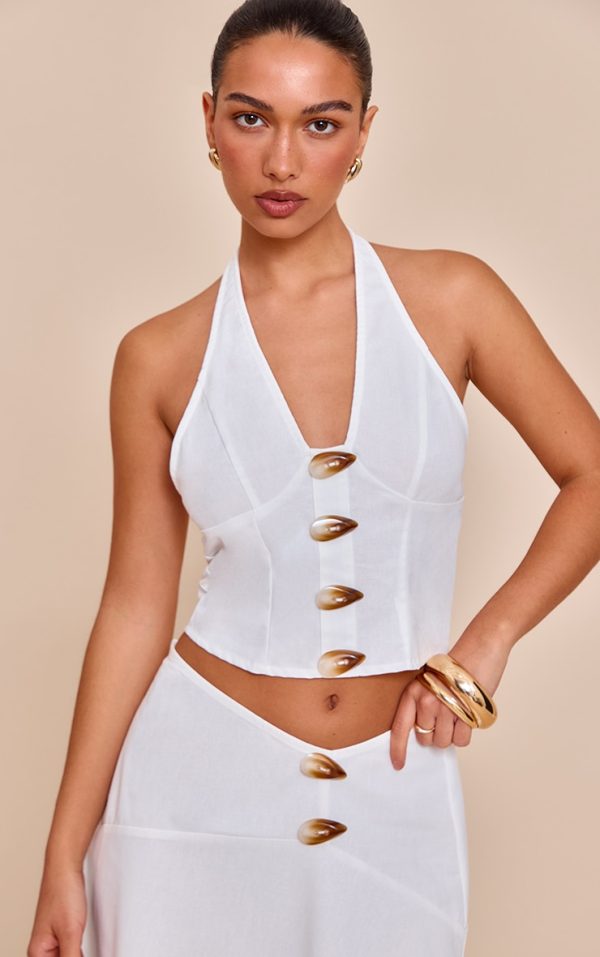 White Woven Halterneck Button Detail Top