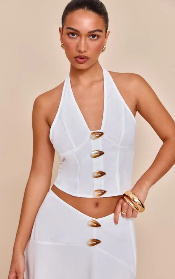 White Woven Halterneck Button Detail Top