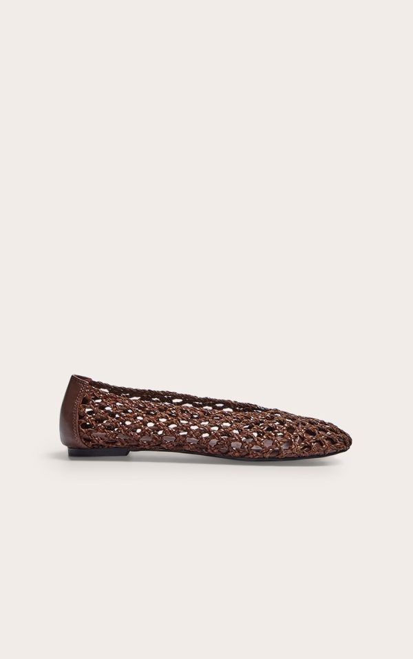 Chocolate Pu Round Toe Woven Ballet Flats