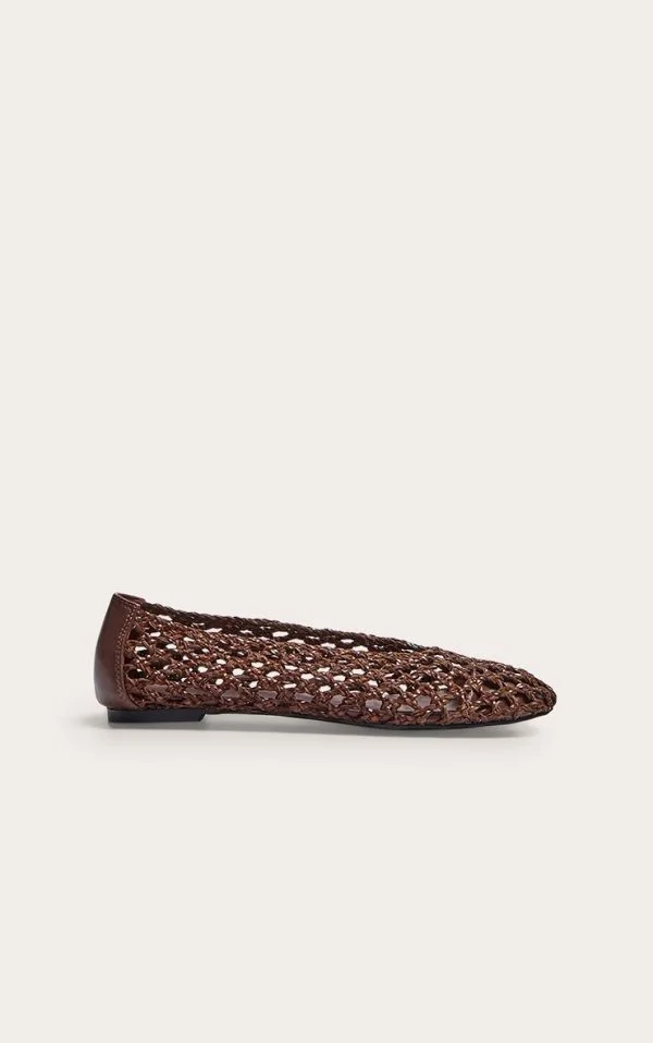 Chocolate Pu Round Toe Woven Ballet Flats