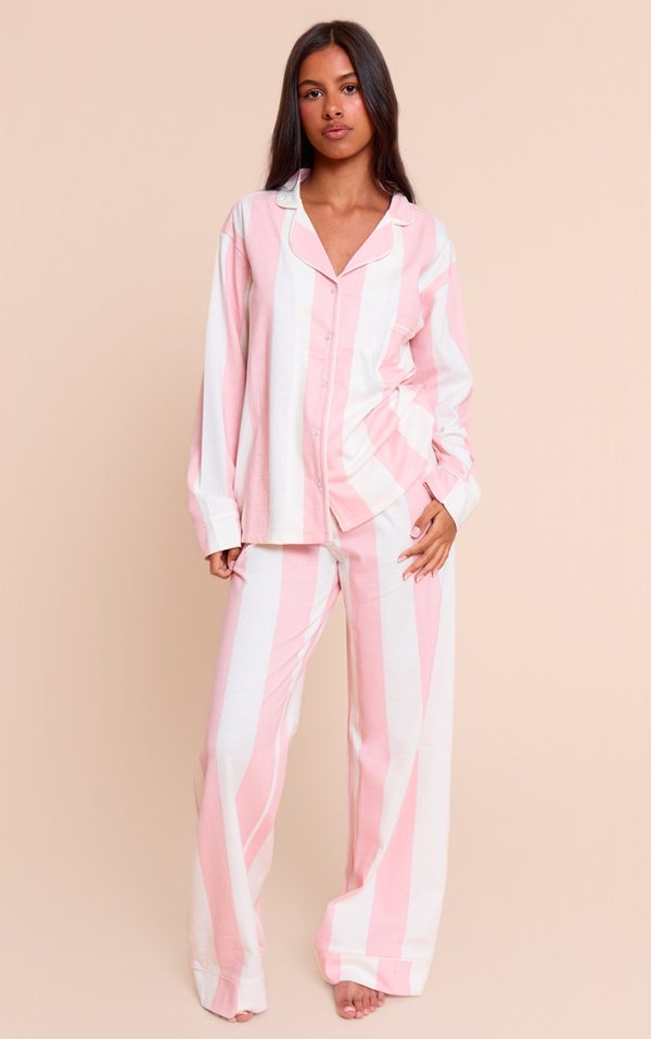 Petite Pink Chunky Stripe Jersey Piping Detail Long Pj Set