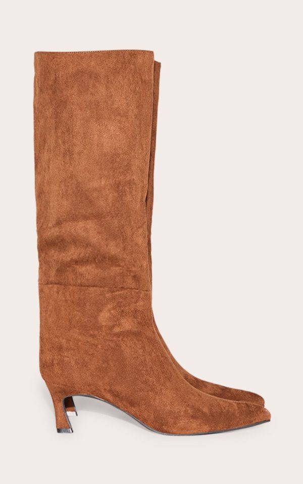 Chocolate Faux Suede Point Toe Mid Heeled Knee High Boots