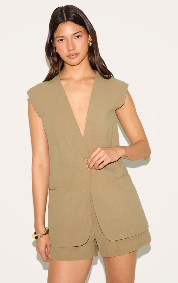 Sage Khaki Linen Look Longline Vest