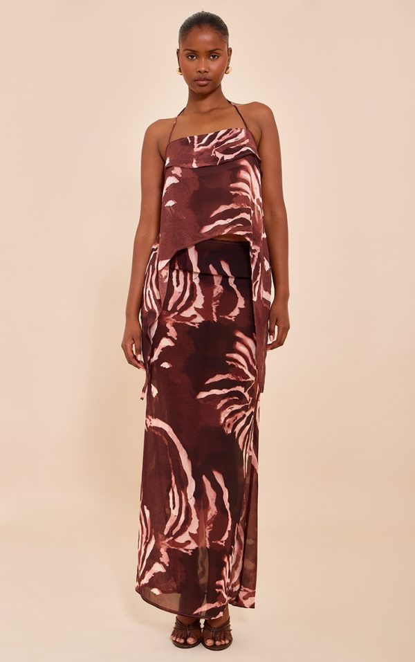 Brown Chiffon Floral Mid Rise Maxi Skirt
