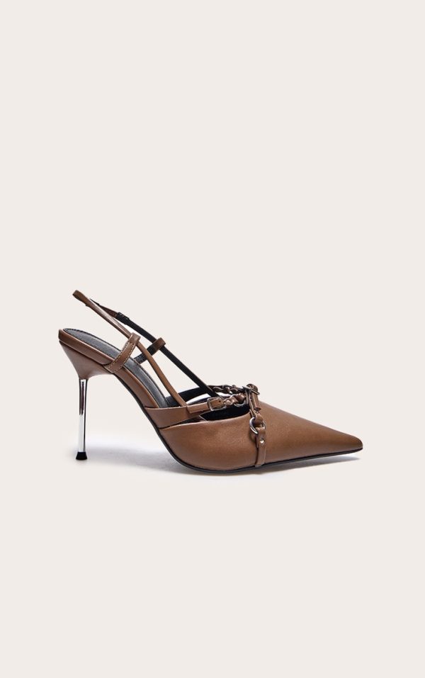 Taupe Faux Leather Point Toe Buckle Strap Sling Back High Heeled Mules