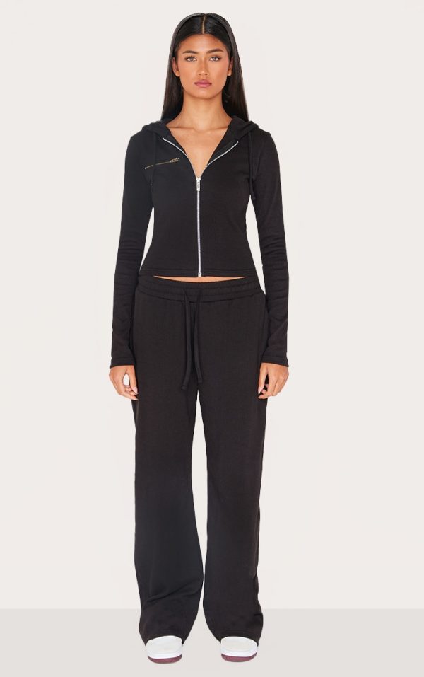 Black Ribbed Low Rise Wide Leg Pants