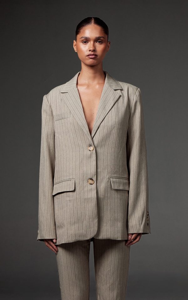 Grey Tailored Woven Pinstripe Oversized Blazer