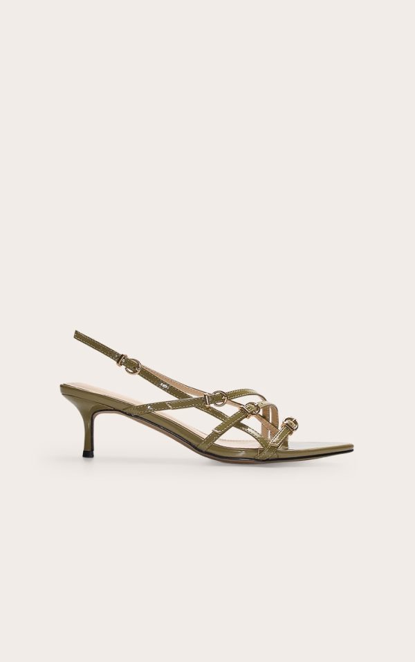 Olive Patent Pu Point Toe Multi Buckle Low Stiletto Heeled Sandals