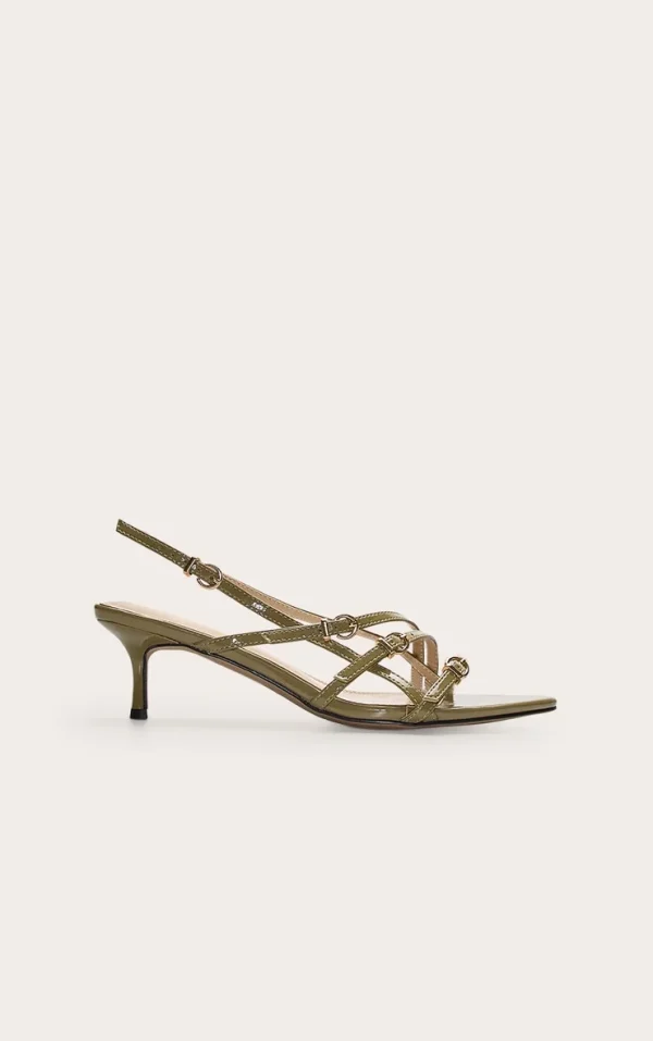Olive Patent Pu Point Toe Multi Buckle Low Stiletto Heeled Sandals