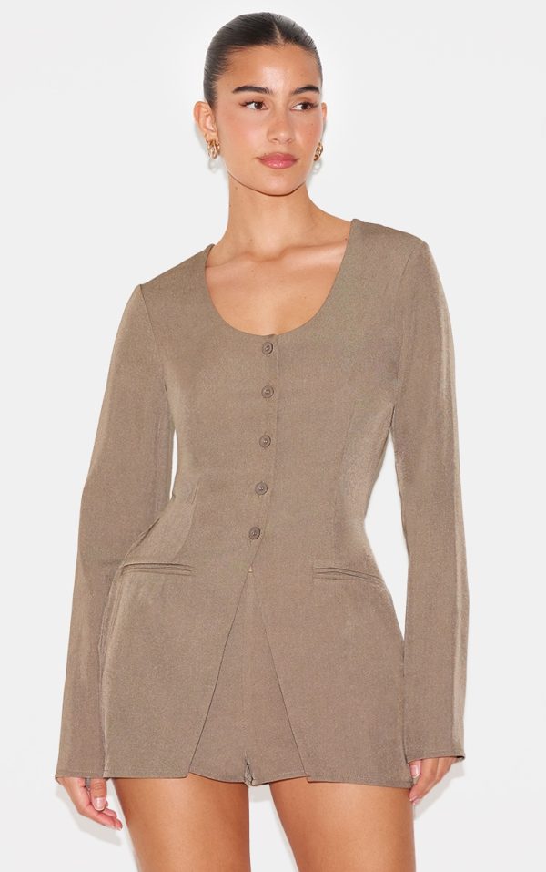 Taupe Tailored Button Down Scoop Neck Romper
