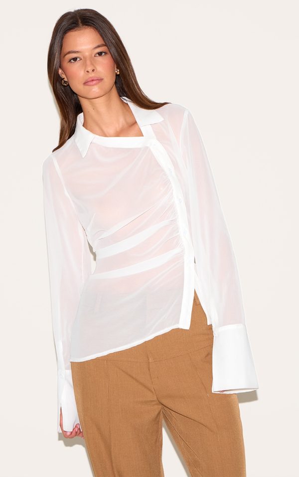 White Asymmetric Chiffon Shirt
