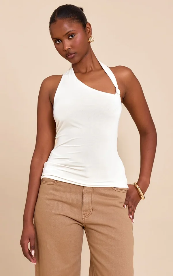 Butter Yellow Slinky Halterneck Knot Detail Top