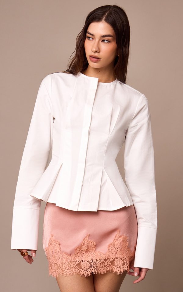 White Cotton Pleat Detail Long Sleeve Shirt
