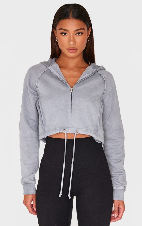 Ice Grey Washed Exposed Seam Cropped Drawstring Hoodie