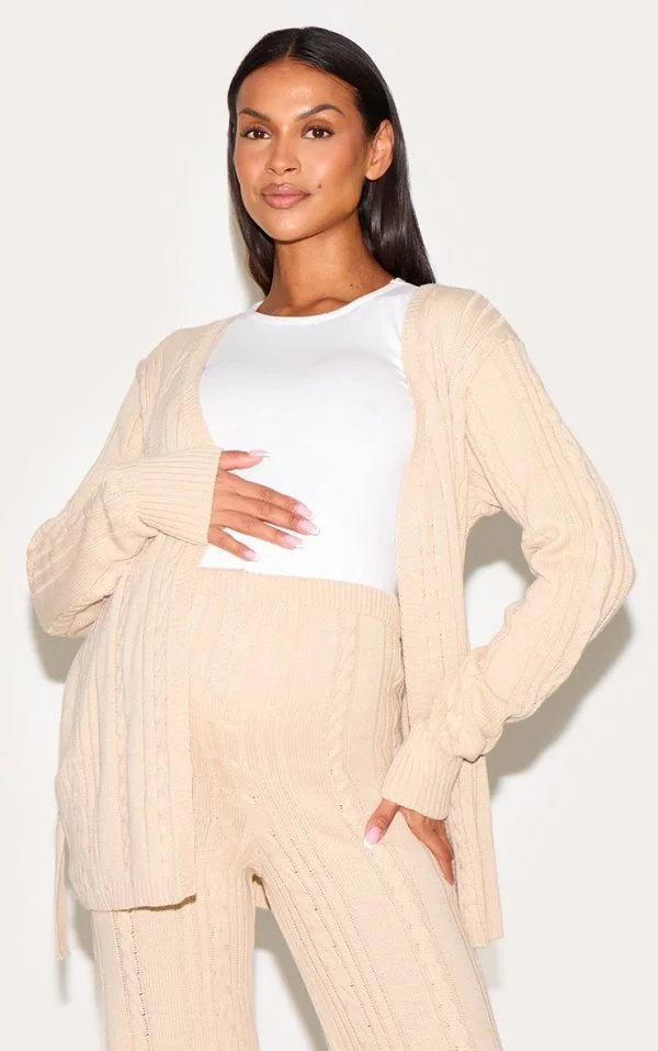 Maternity Oatmeal Cable Knit Wrap Cardigan