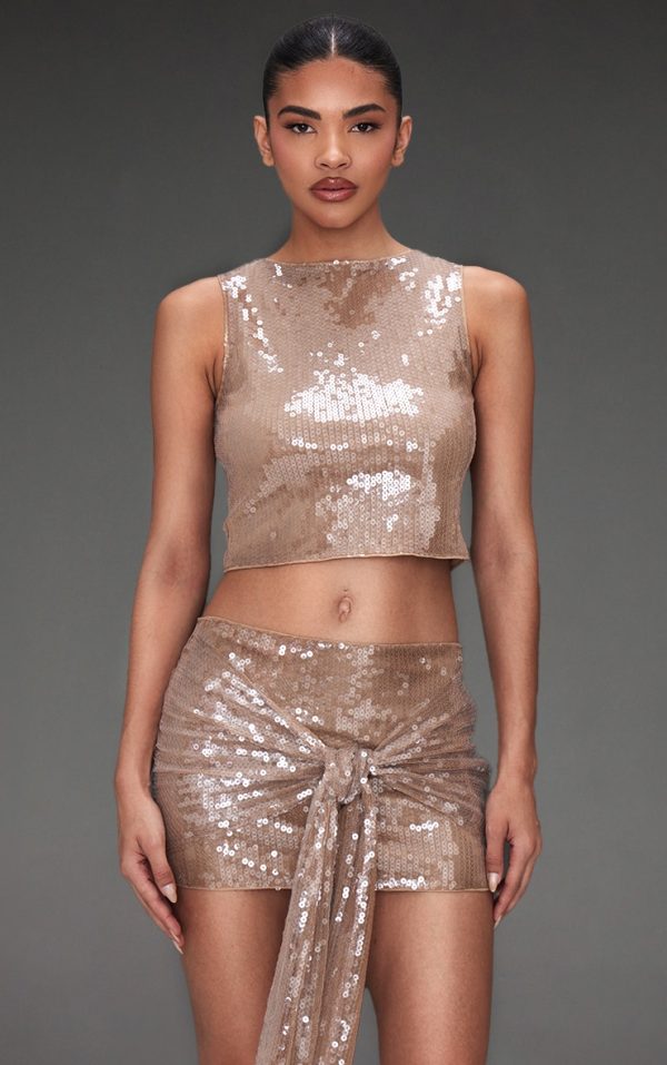 Light Brown Sequin Boatneck Crop Top
