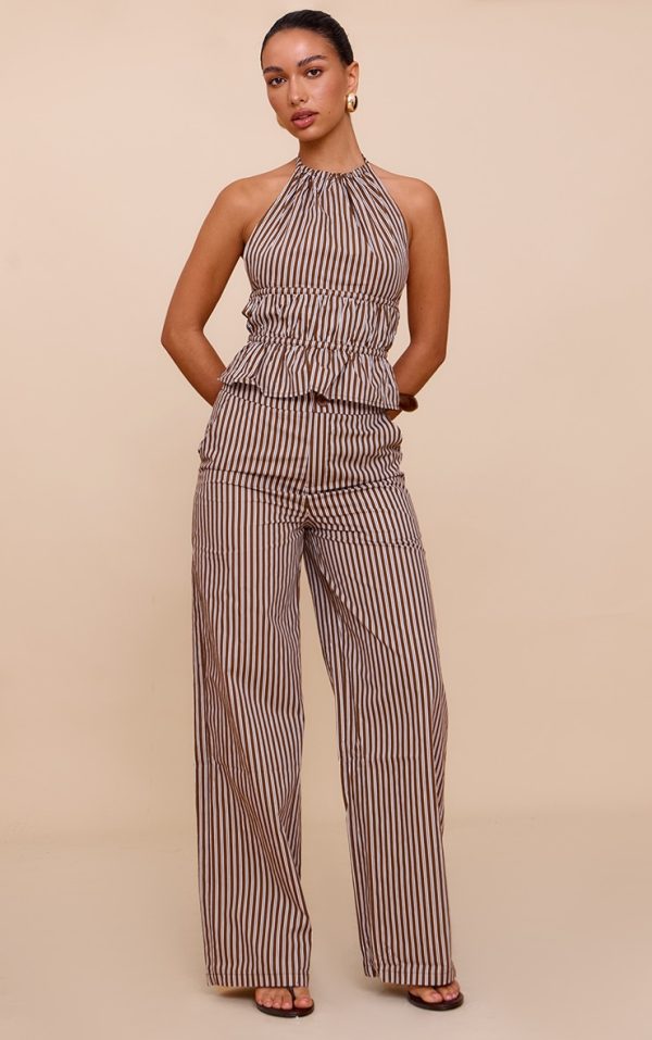 Brown Stripe Woven Mid Rise Wide Leg Pant