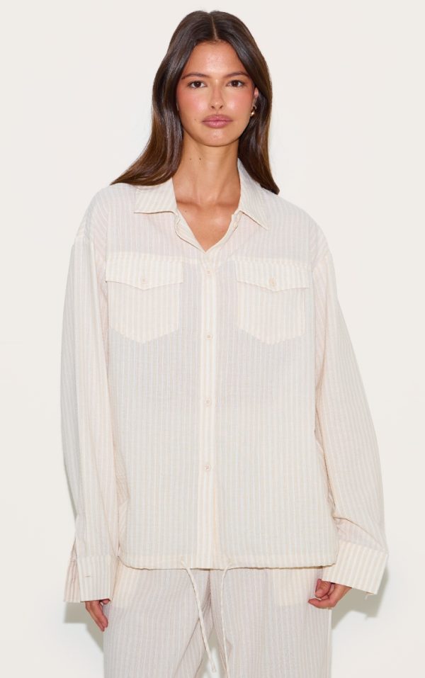 Stone Striped Linen Pocket Detail Oversized Shirt
