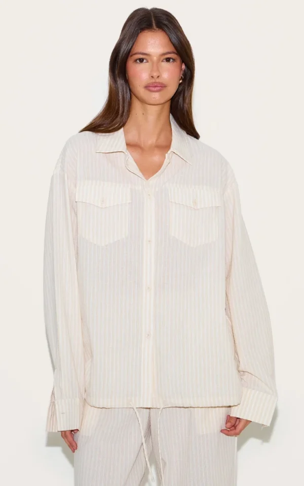Stone Striped Linen Pocket Detail Oversized Shirt
