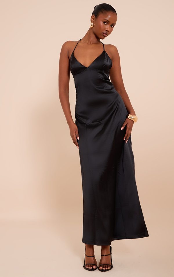 Black Satin Lace Up Back Maxi Slip Dress