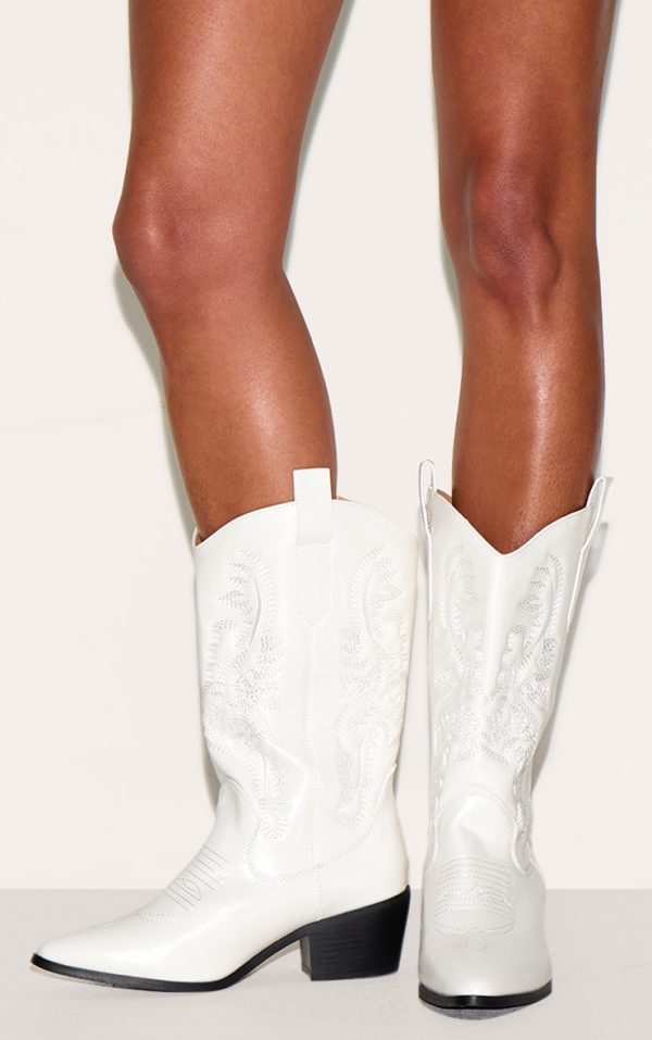 White Wide Fit Point Toe Stitching Heeled Ankle Cowboy Boots