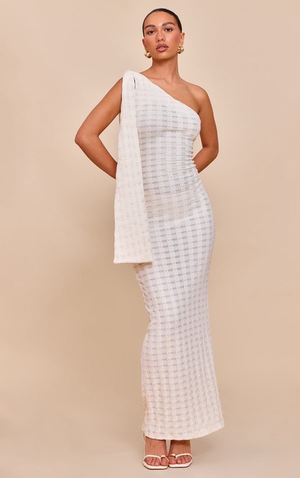 Cream Textured One Shoulder Drape Detail Maxi Dress