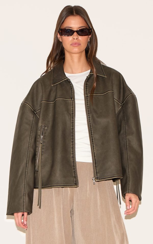 Brown Distressed Look Zip Boxy Trim Detail Biker Jacket