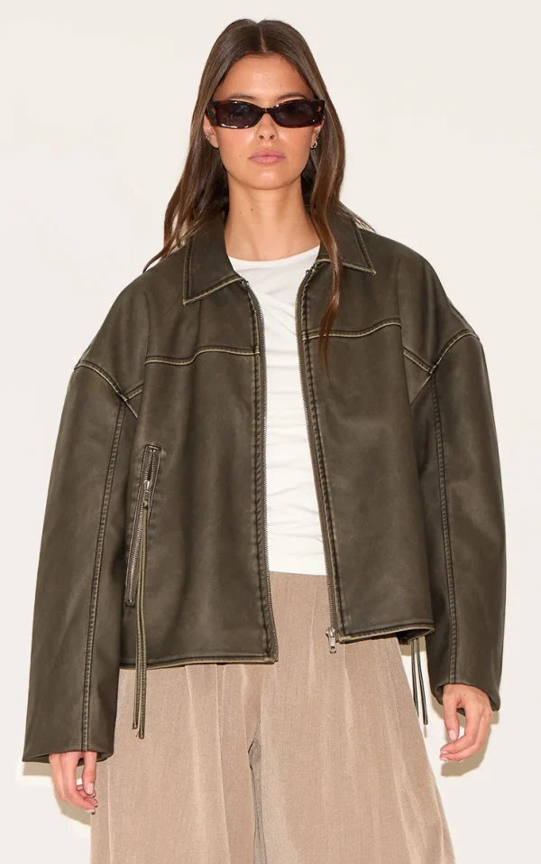Brown Distressed Look Zip Boxy Trim Detail Biker Jacket
