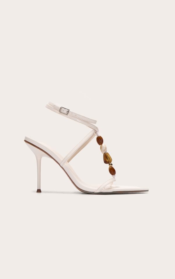 Cream Pu Point Toe Beaded High Stiletto Heeled Sandals