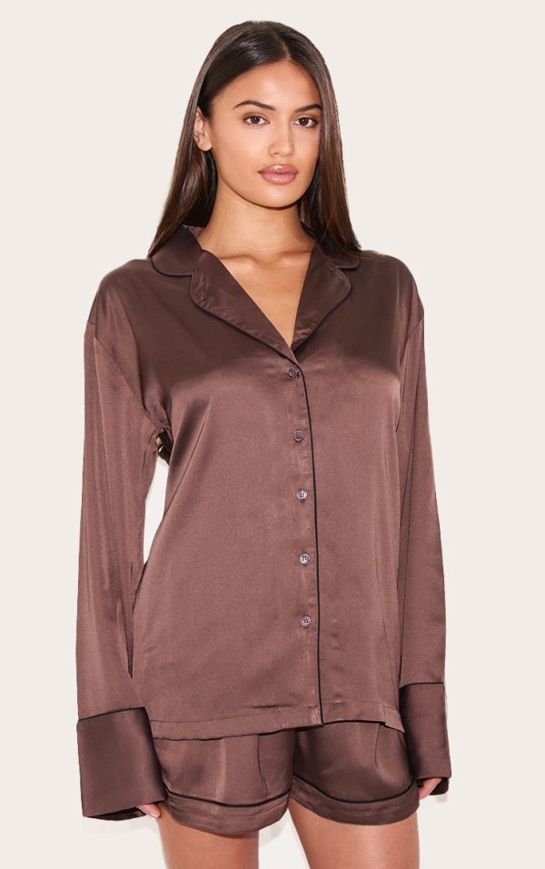 Chocolate Satin Piping Long Sleeve Short Pj Set