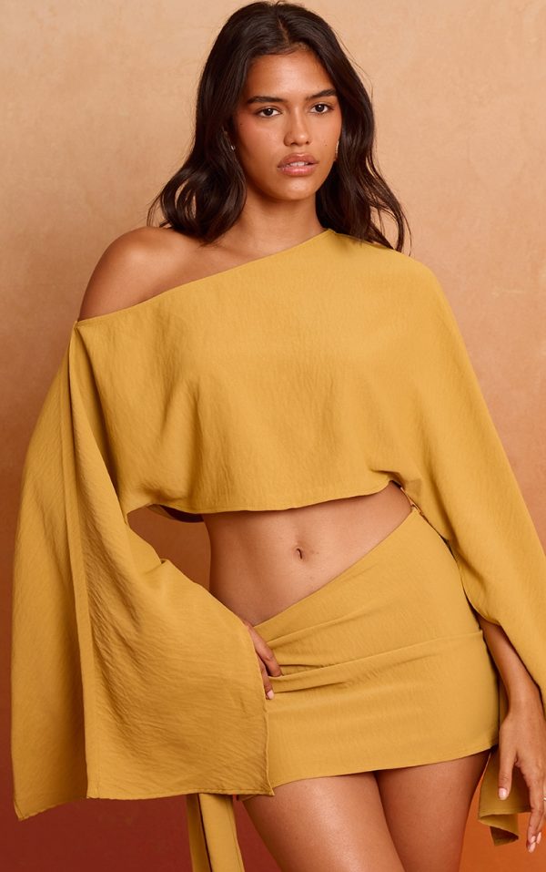 Deep Mustard Floaty Woven Slash Neck Long Sleeve Top
