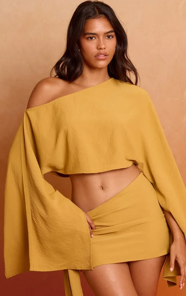 Deep Mustard Floaty Woven Slash Neck Long Sleeve Top