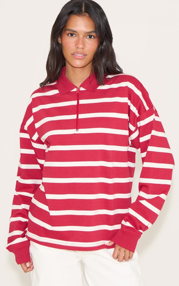 Red Loopback Sweat Stripe Quarter Zip Sweatshirt
