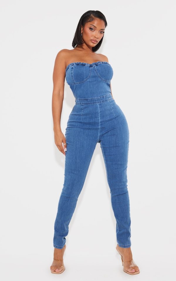 Shape Mid Blue Wash Cup Detail Tie Back Denim Jumpsuit