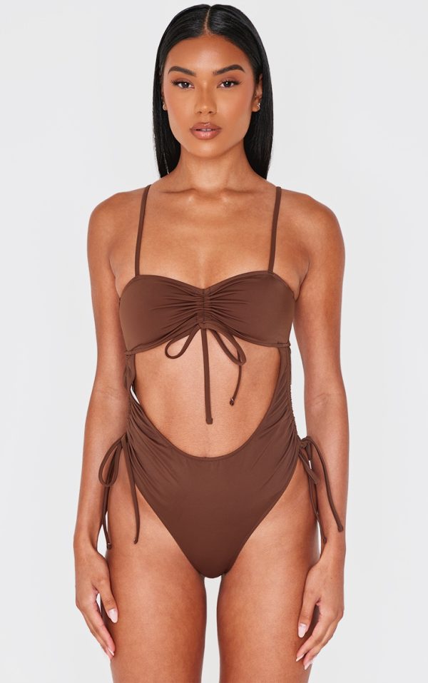 Chocolate Ruched Cut Out Halter Tie Swimsuit