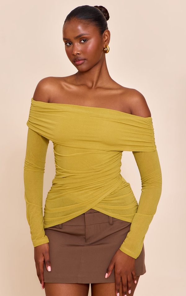 Olive Stretch Chiffon Ruching Bardot Detail Long Sleeve Top