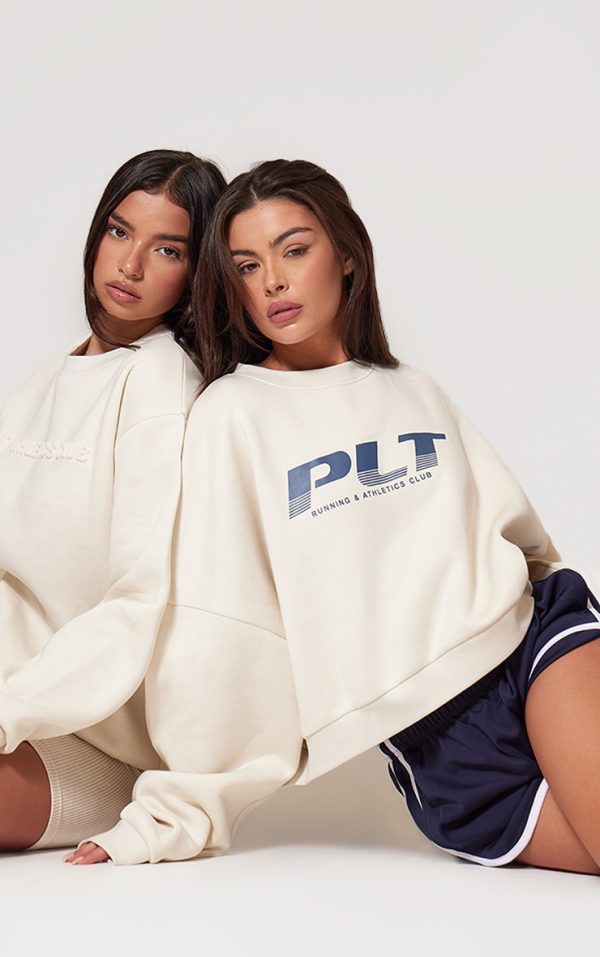 PRETTYLITTLETHING Cream Athletics Club Embossed Oversized Boxy Sweatshirt