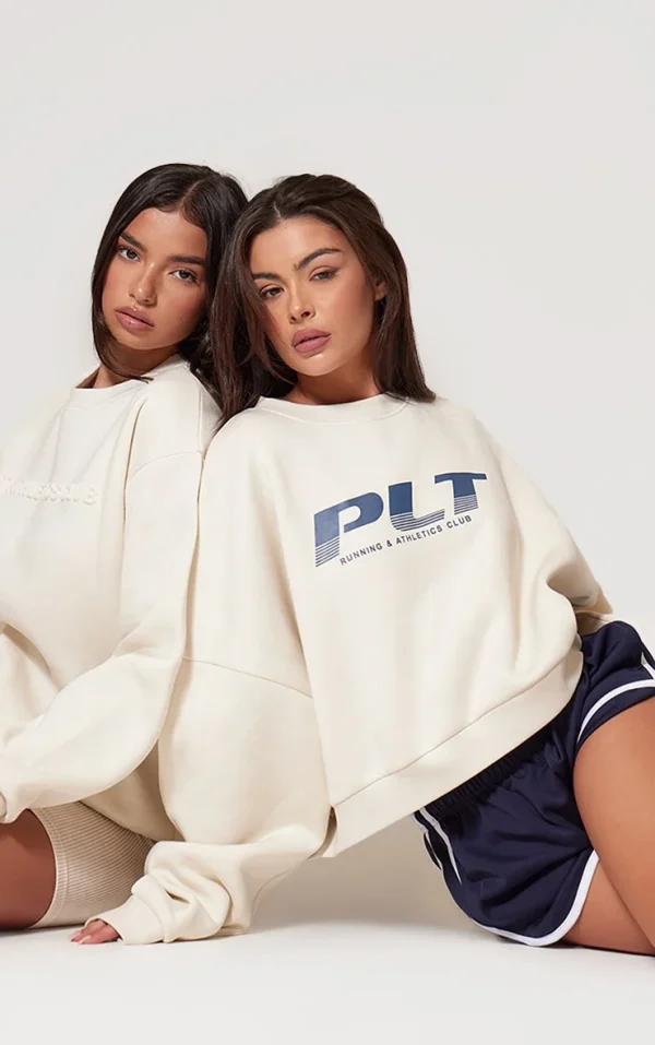 PRETTYLITTLETHING Cream Athletics Club Embossed Oversized Boxy Sweatshirt